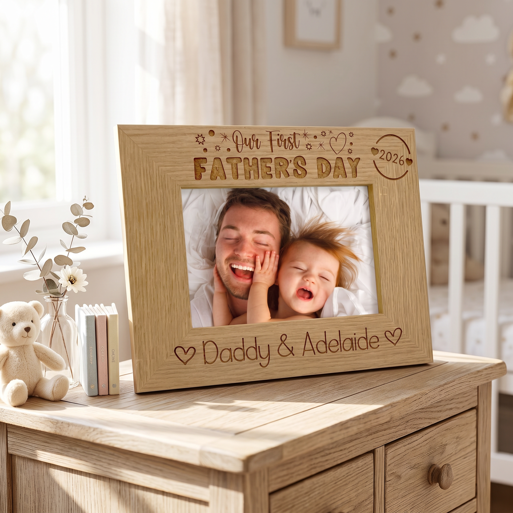 ukgiftstoreonline Personalised Our first Fathers Day Photo Frame Oak wood finish Landscape Father's Day Photo Frame ukgiftstoreonline