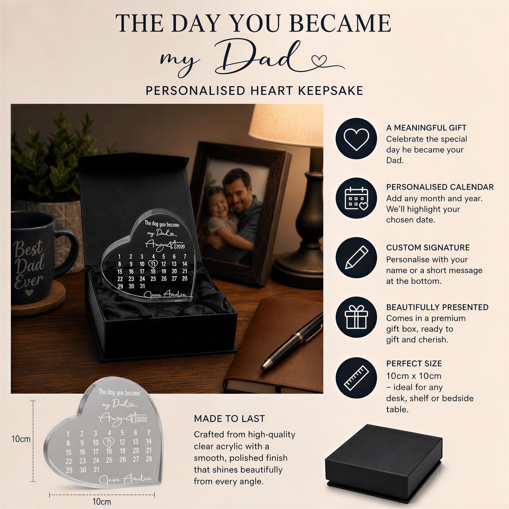 The image is a promotional poster for a personalized heart keepsake, featuring a calendar and a mug with the text "Best Dad Ever".