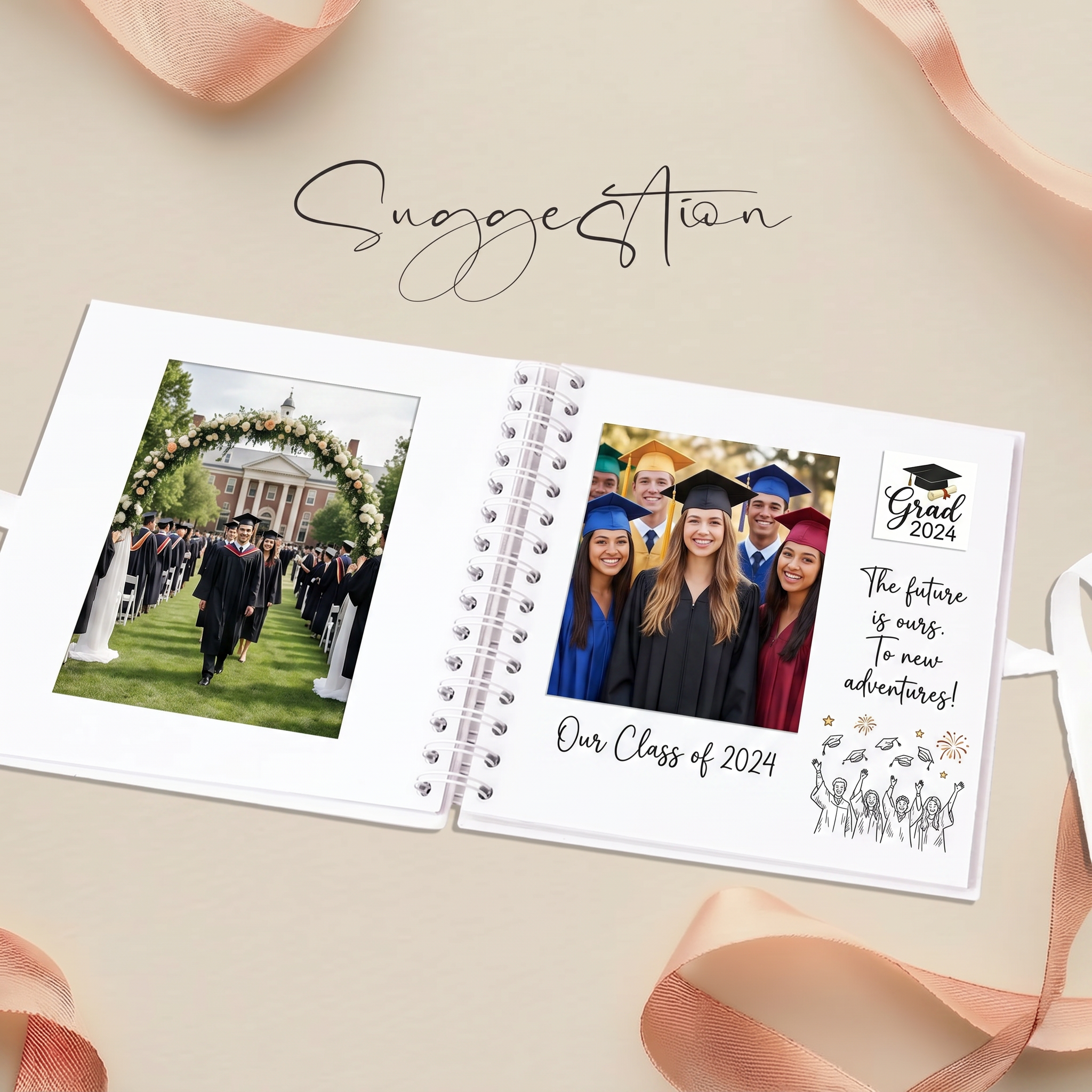 The image is a graduation album featuring a group photo of graduates and a caption that reads "Our Class of 2024".