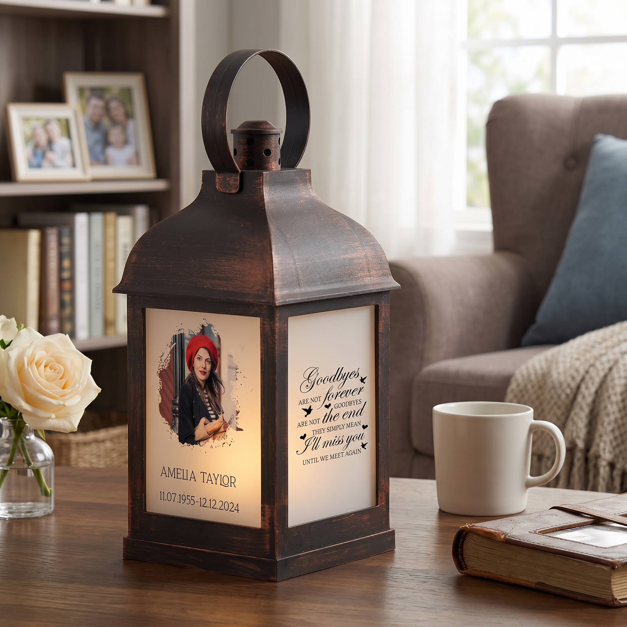 Personalised Memorial Photo Upload Lantern, Memorial Candle, Goodbyes are not forever memorial lantern ukgiftstoreonline