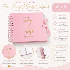 The image is a promotional poster for a personalized baby scrapbook. It features a pink and gold color scheme and highlights the features of the scrapbook, such as its 8"x8" size, blank white pages, high-quality binding, and the ability to personalize it with a baby's name and date. The scrapbook is designed to cherish every precious moment, and it is perfect for expectant parents who want to create lasting memories of their baby's journey.
