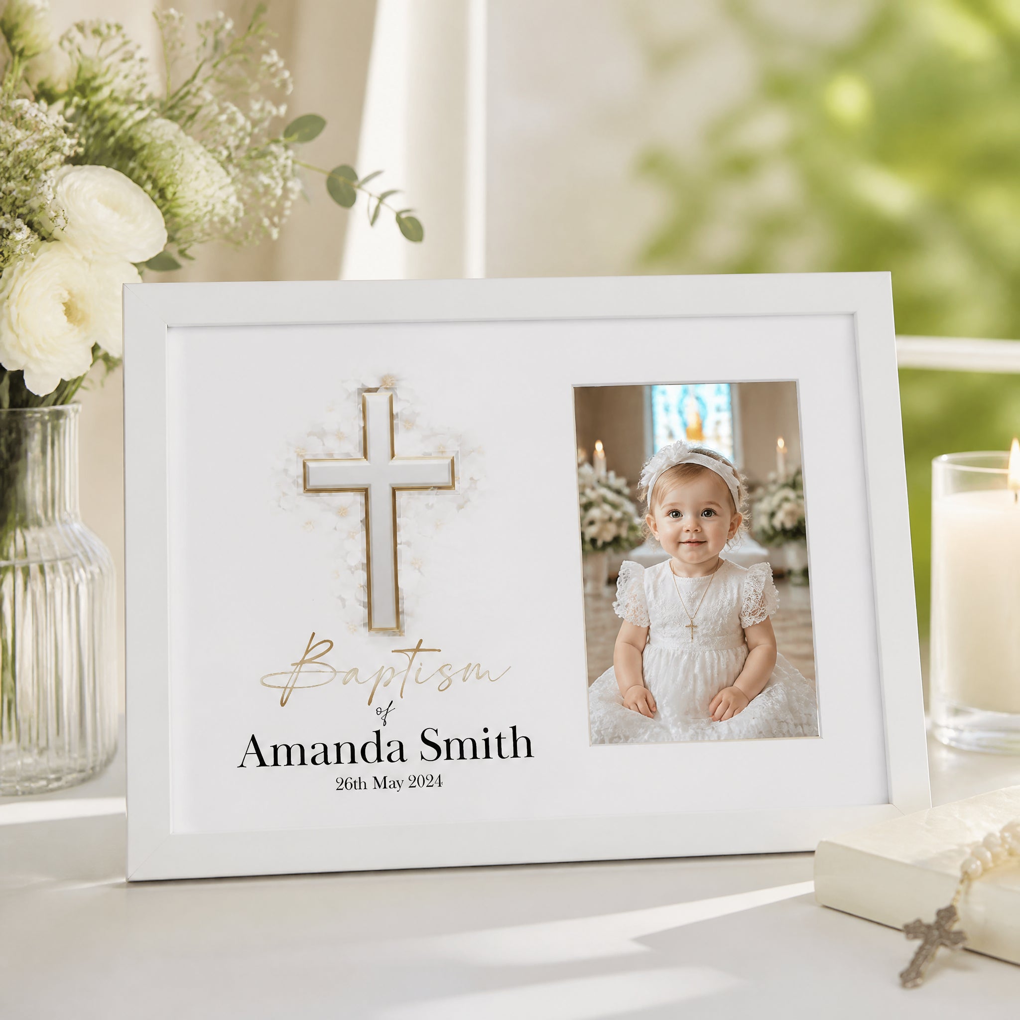 Personalised Baptism Photo Frame, Silver Cross, 6x4 Wooden Keepsake personalised photo frames ukgiftstoreonline