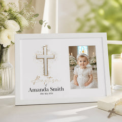 Personalised Baptism Photo Frame, Silver Cross, 6x4 Wooden Keepsake personalised photo frames ukgiftstoreonline