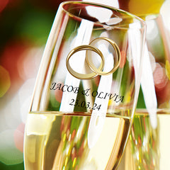 Personalised Wedding Champagne Glasses Set With Gold Rings