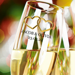 Personalised Champagne glasses with gold hearts
