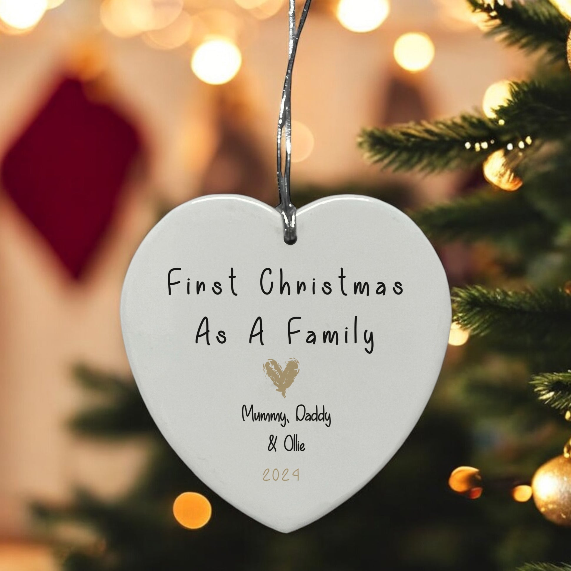 Personalised Our First Christmas As A Family Ceramic Heart Decoration With Gold Heart Personalised Heart Gifts ukgiftstoreonline