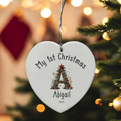 Personalised My 1st Christmas Ceramic Heart Decoration With Decor