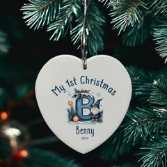 Personalised My 1st Christmas Ceramic Heart Decoration With Blue Gnomes