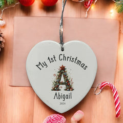 Personalised My 1st Christmas Ceramic Heart Decoration With Decor