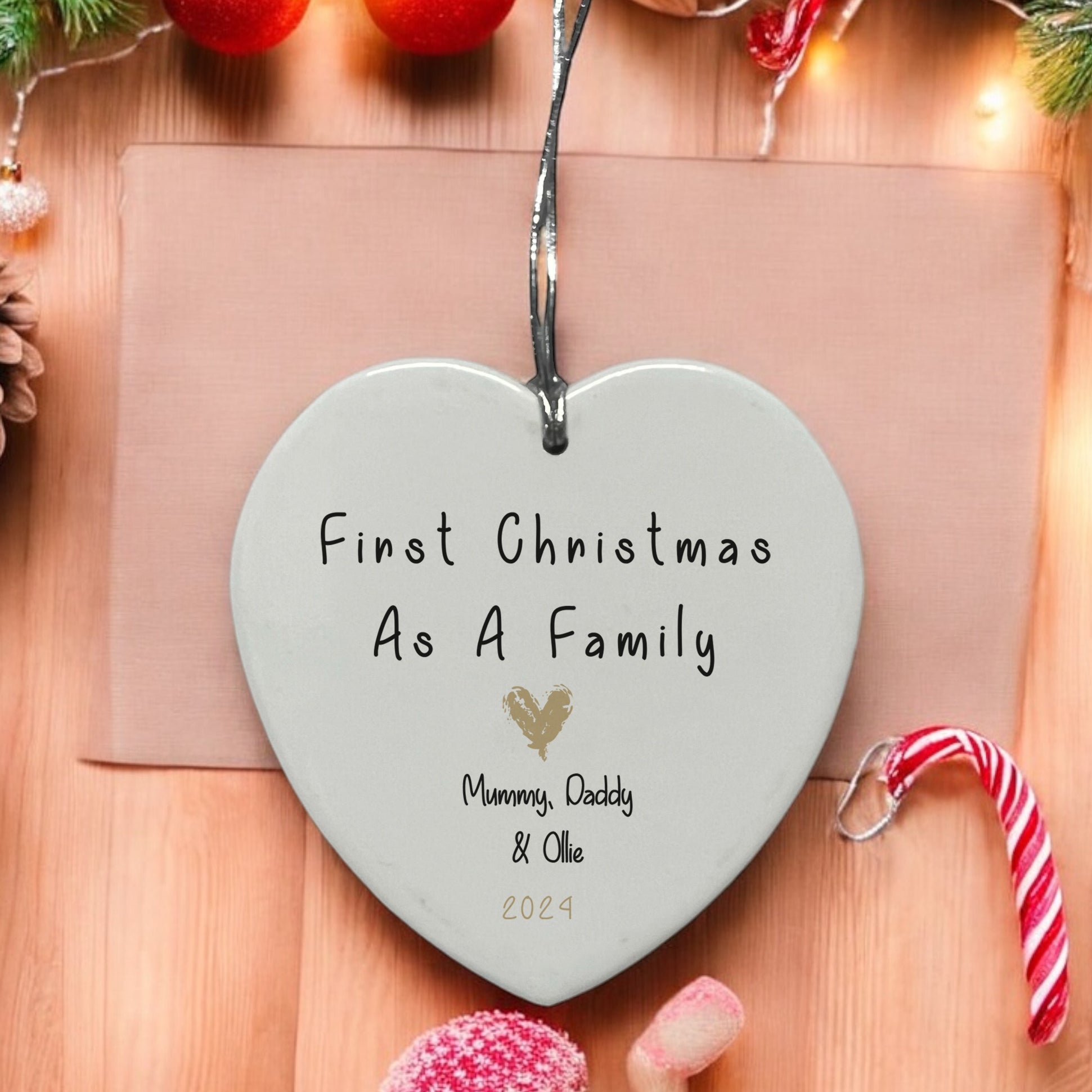 Personalised Our First Christmas As A Family Ceramic Heart Decoration With Gold Heart Personalised Heart Gifts ukgiftstoreonline