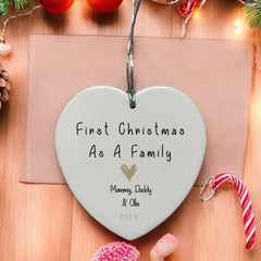 Personalised Our First Christmas As A Family Ceramic Heart Decoration With Gold Heart Personalised Heart Gifts ukgiftstoreonline