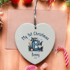 Personalised My 1st Christmas Ceramic Heart Decoration With Blue Gnomes