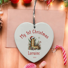 Personalised My 1st Christmas Ceramic Heart Decoration With Wood Lettering