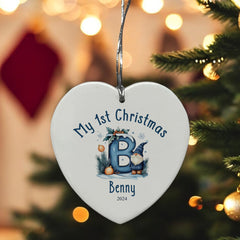 Personalised My 1st Christmas Ceramic Heart Decoration With Blue Gnomes