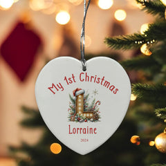 Personalised My 1st Christmas Ceramic Heart Decoration With Wood Lettering