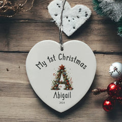 Personalised My 1st Christmas Ceramic Heart Decoration With Decor