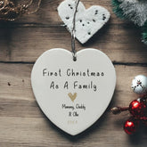 Personalised Our First Christmas As A Family Ceramic Heart Decoration With Gold Heart