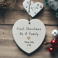 Personalised Our First Christmas As A Family Ceramic Heart Decoration With Gold Heart Personalised Heart Gifts ukgiftstoreonline