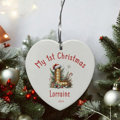 Personalised My 1st Christmas Ceramic Heart Decoration With Wood Lettering