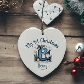 Personalised My 1st Christmas Ceramic Heart Decoration With Blue Gnomes