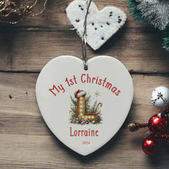 Personalised My 1st Christmas Ceramic Heart Decoration With Wood Lettering