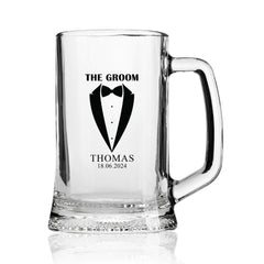 Personalised Wedding Beer Tankard Gift with tuxedo design