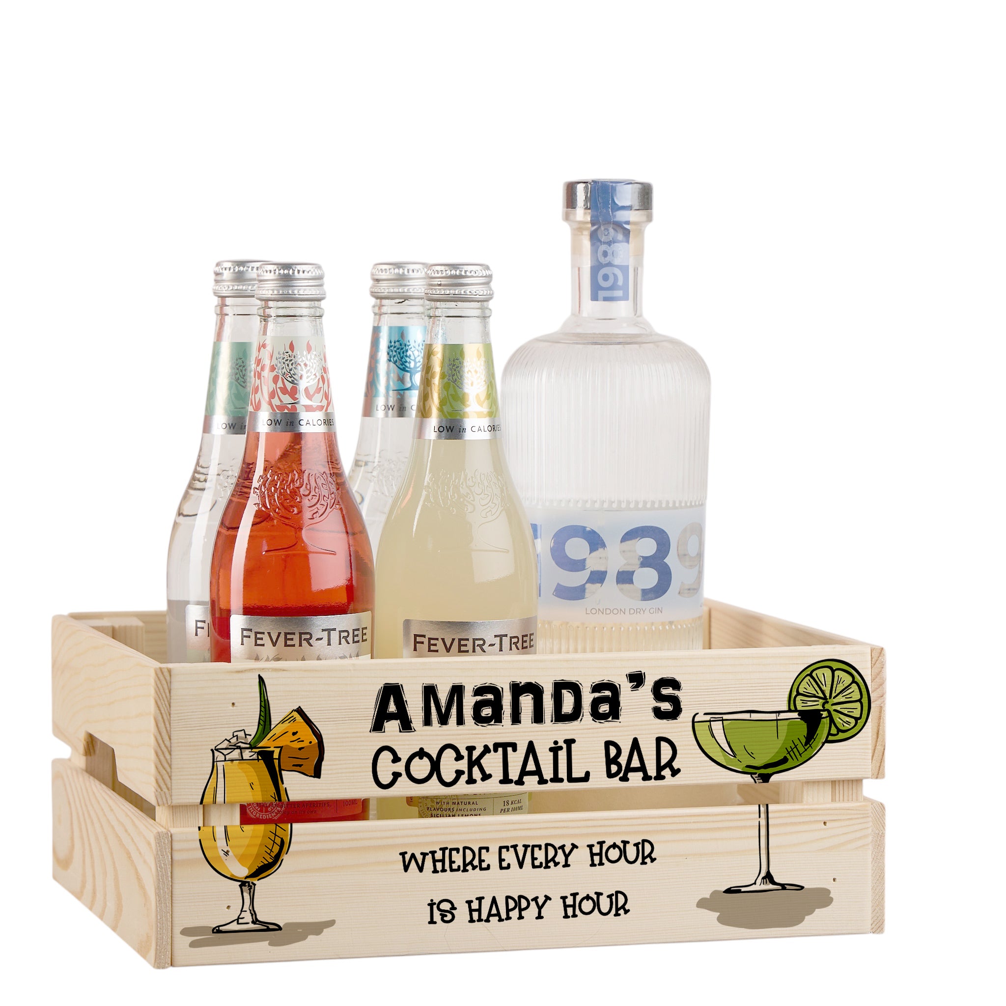 Personalised Cocktail Bar Treat Hamper Wooden Crate Gift storage crate ukgiftstoreonline