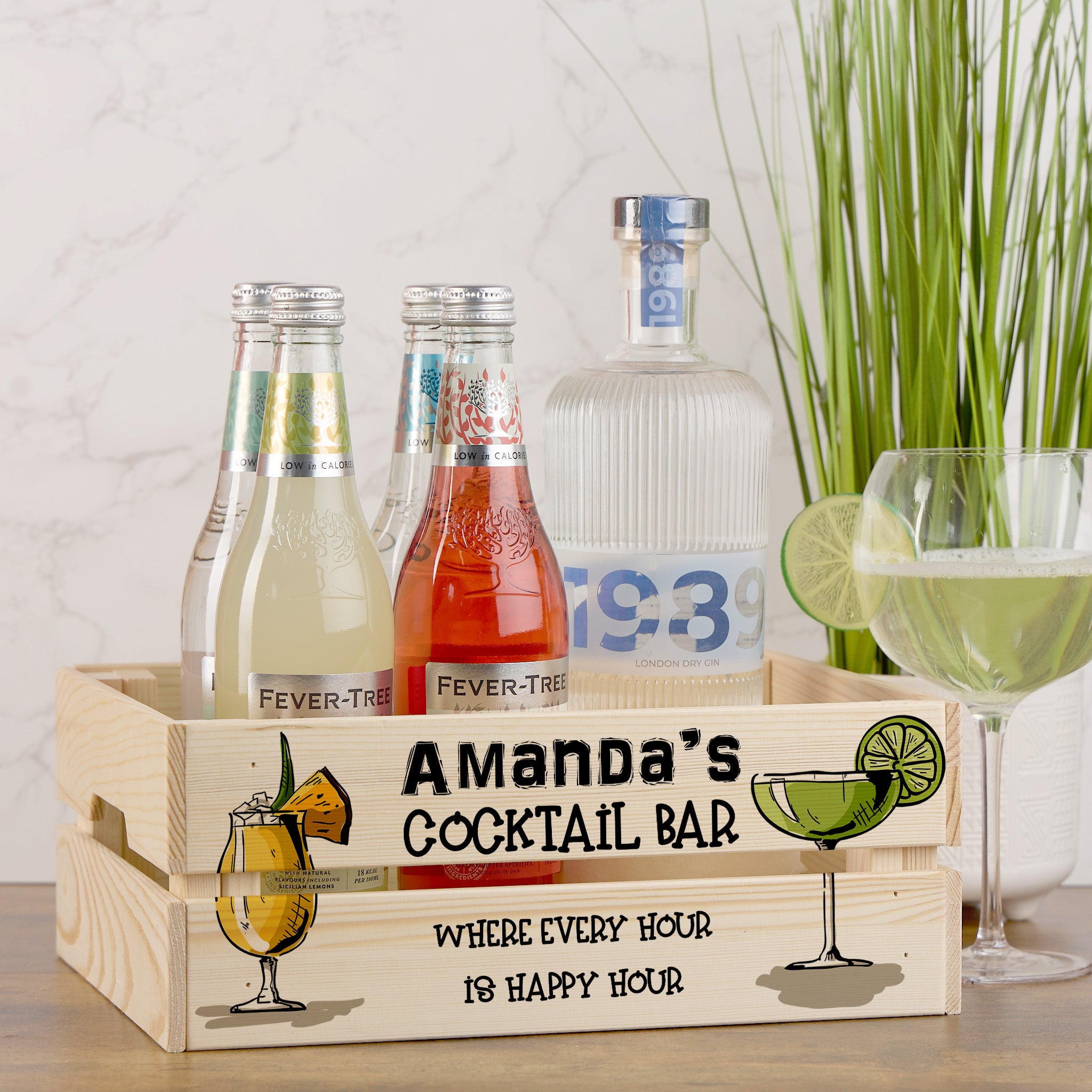 Personalised Cocktail Bar Treat Hamper Wooden Crate Gift storage crate ukgiftstoreonline