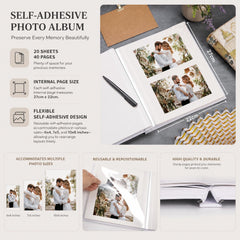 The image is a promotional poster for a self-adhesive photo album. It features a photo of a person holding a pen and a photo of a person embracing, along with text describing the features of the album.