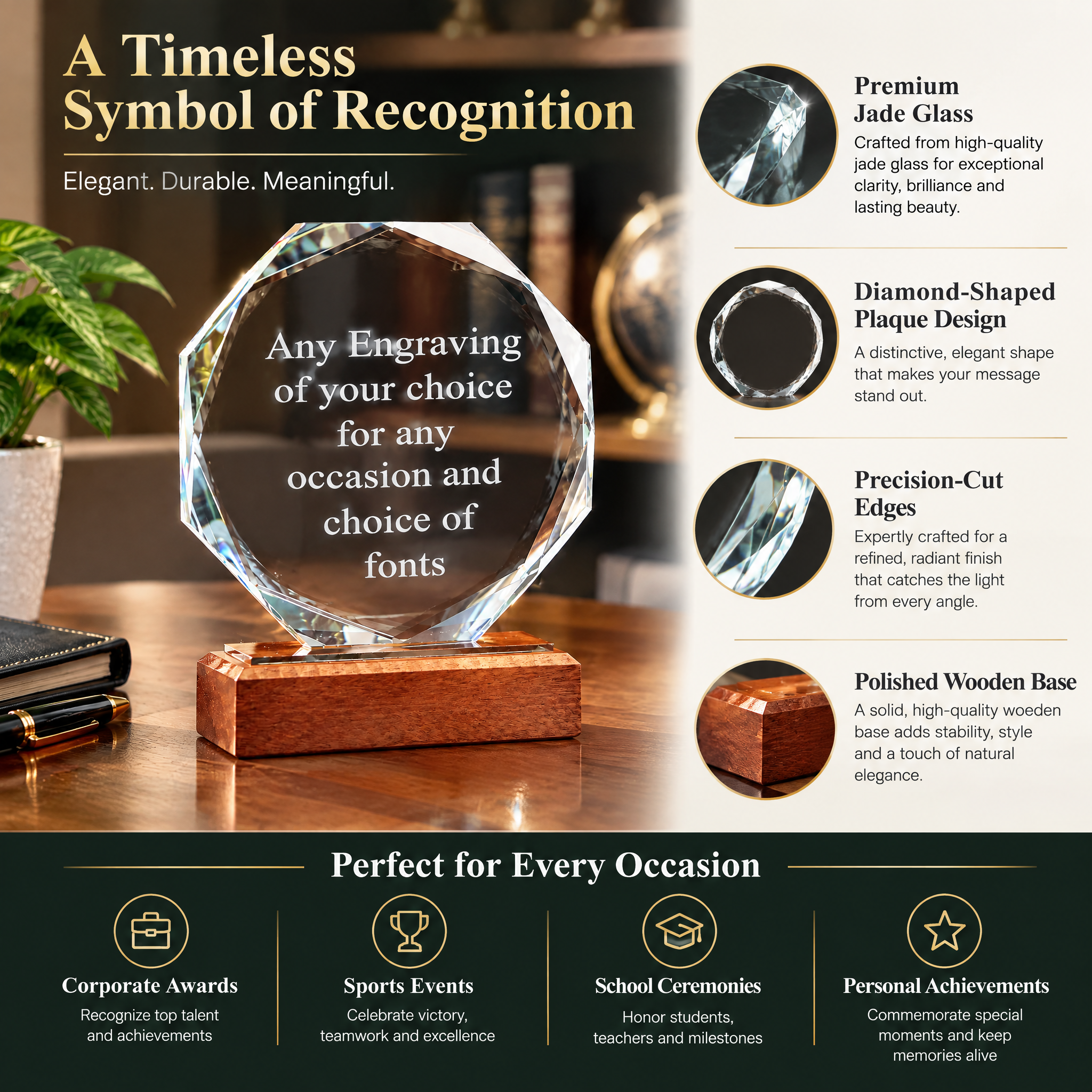 Personalised Engraved Trophy, Octagon Glass Wood Base Award Plaque Jade Glass ukgiftstoreonline