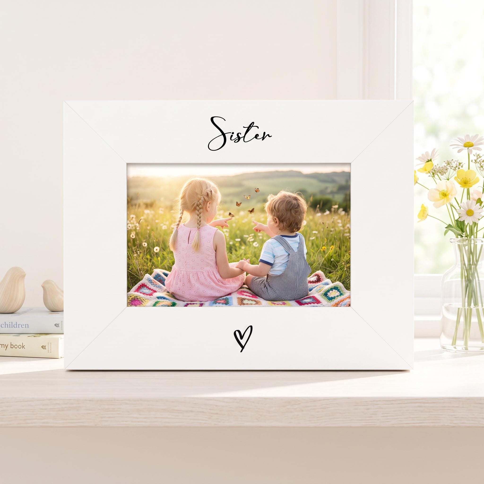 A white picture frame containing a photograph of two children sitting on a blanket in a field, with butterflies fluttering around them.