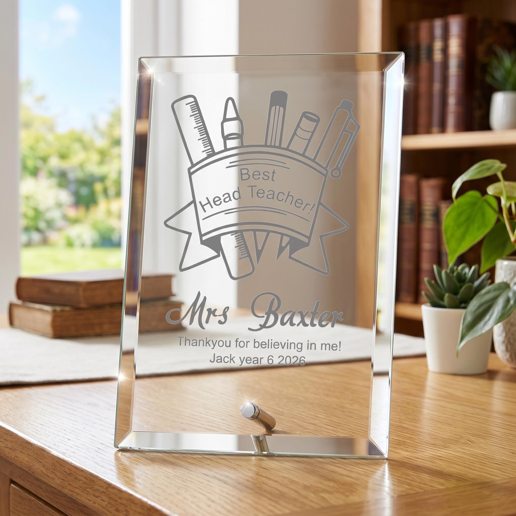 A glass picture frame on a wooden desk, displaying a personalized message for a teacher.