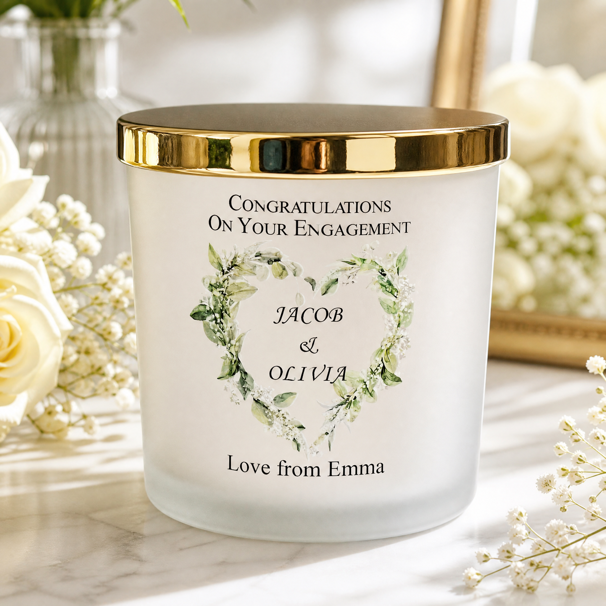 Personalised Large Double Wick Engagement Candle Gift With Floral Heart Wreath personalised Candle Lights ukgiftstoreonline