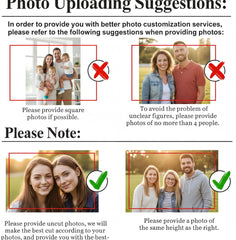 a series of suggestions for photo uploading, including providing square photos, avoiding unclear figures, and providing a photo of the same height as the right photo. The image is a collage of four photos, and it does not contain any redundancy or vague descriptions.