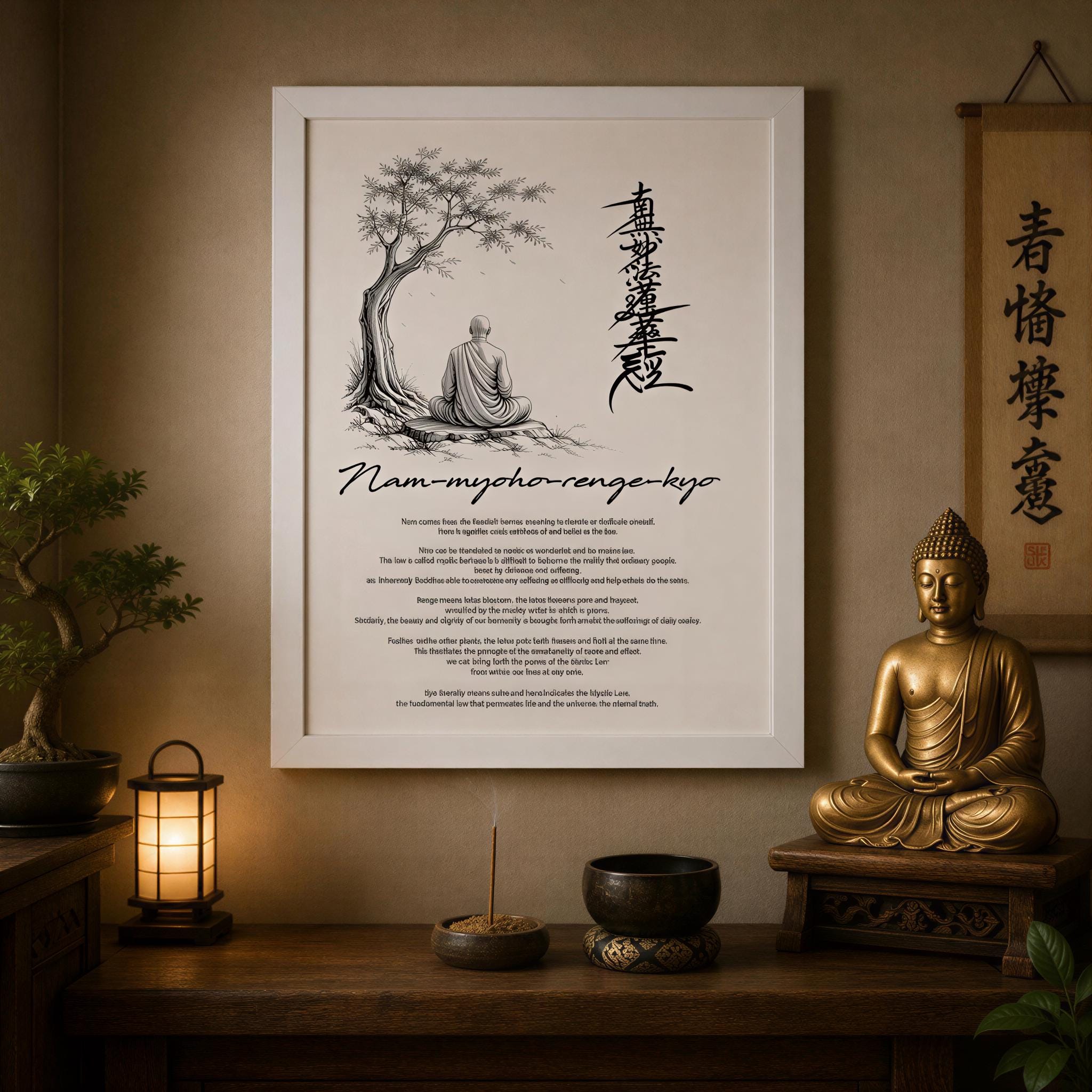 a serene and peaceful setting with a framed quote about Nam-myoho-range-kyo, a traditional Japanese Buddhist meditation technique, displayed on a wall. The quote is accompanied by a black and white illustration of a seated Buddha figure. The room is decorated with various objects, including a potted plant, a lamp, and a small Buddha statue, creating a tranquil and harmonious atmosphere.