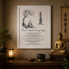 a serene and peaceful setting with a framed quote about Nam-myoho-range-kyo, a traditional Japanese Buddhist meditation technique, displayed on a wall. The quote is accompanied by a black and white illustration of a seated Buddha figure. The room is decorated with various objects, including a potted plant, a lamp, and a small Buddha statue, creating a tranquil and harmonious atmosphere.