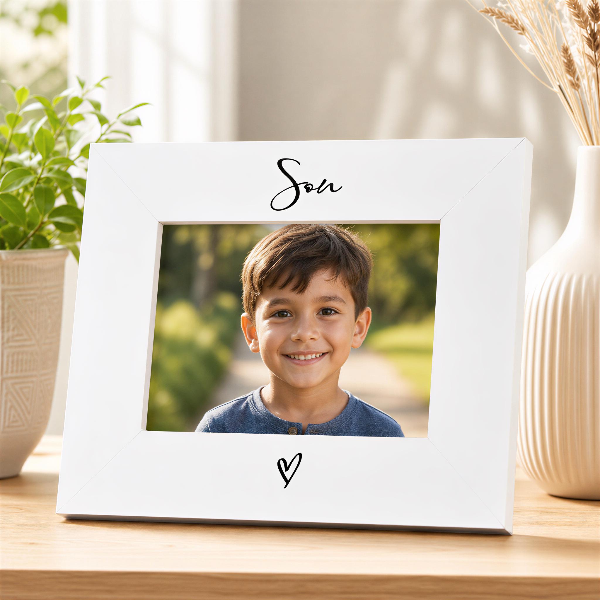 White Son Photo Frame - 6x4 Landscape Frame with Heart Detail | Wooden Gift ukgiftstoreonline