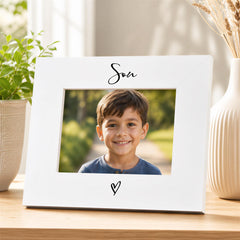White Son Photo Frame - 6x4 Landscape Frame with Heart Detail | Wooden Gift ukgiftstoreonline