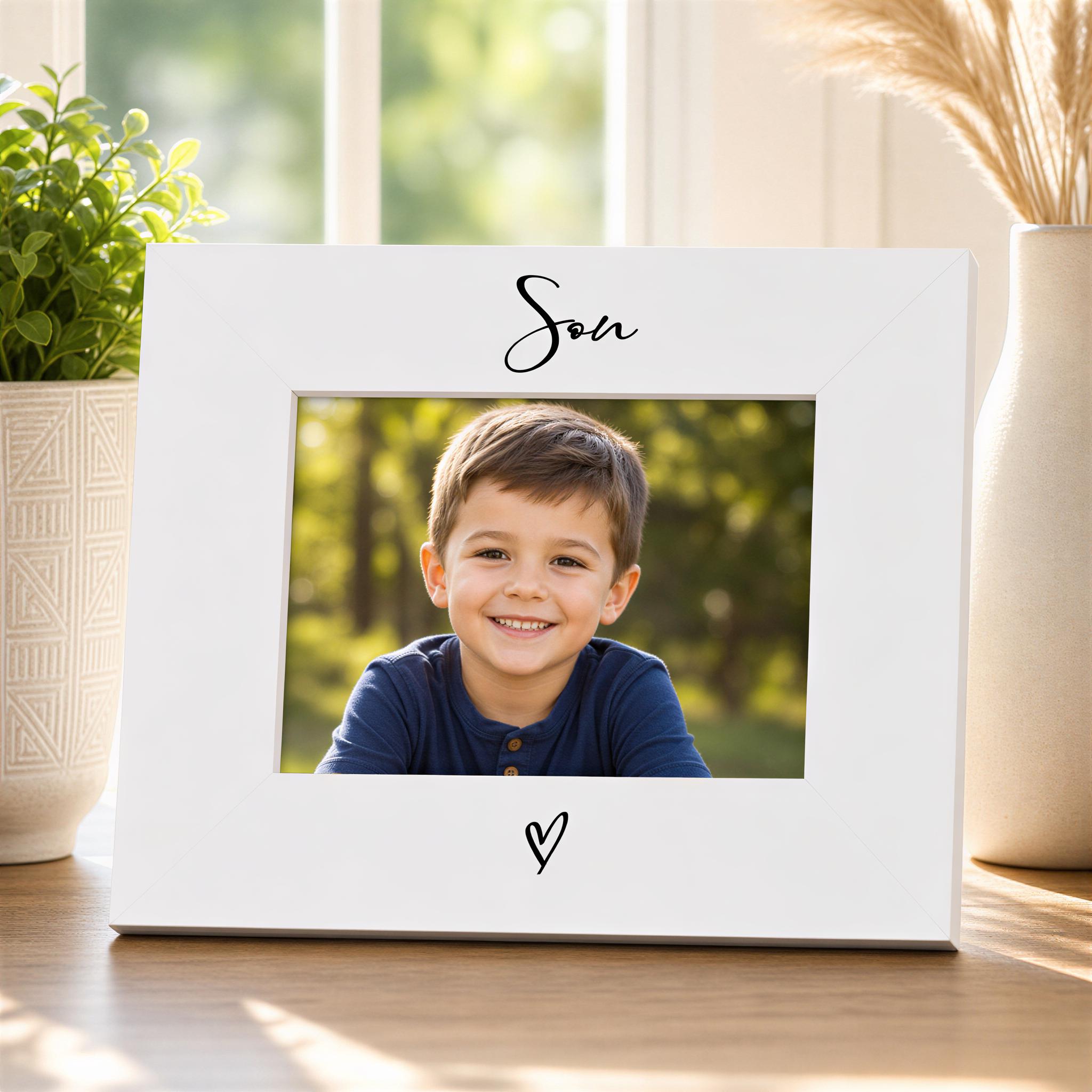 White Son Photo Frame - 6x4 Landscape Frame with Heart Detail | Wooden Gift ukgiftstoreonline
