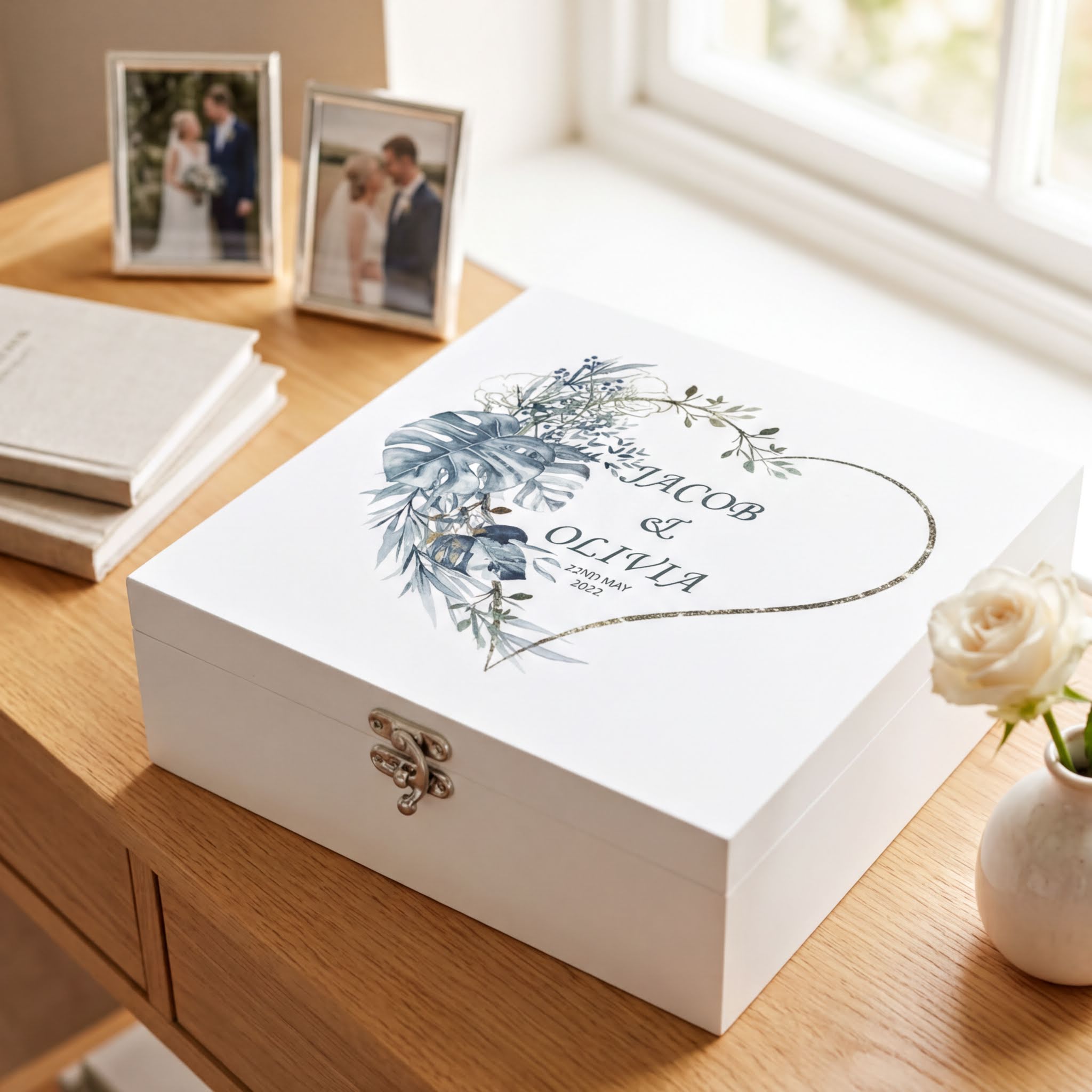 Personalised Luxury Wooden Wedding Box Keepsakes With Blue Tropical Heart Keepsake Wooden Box ukgiftstoreonline
