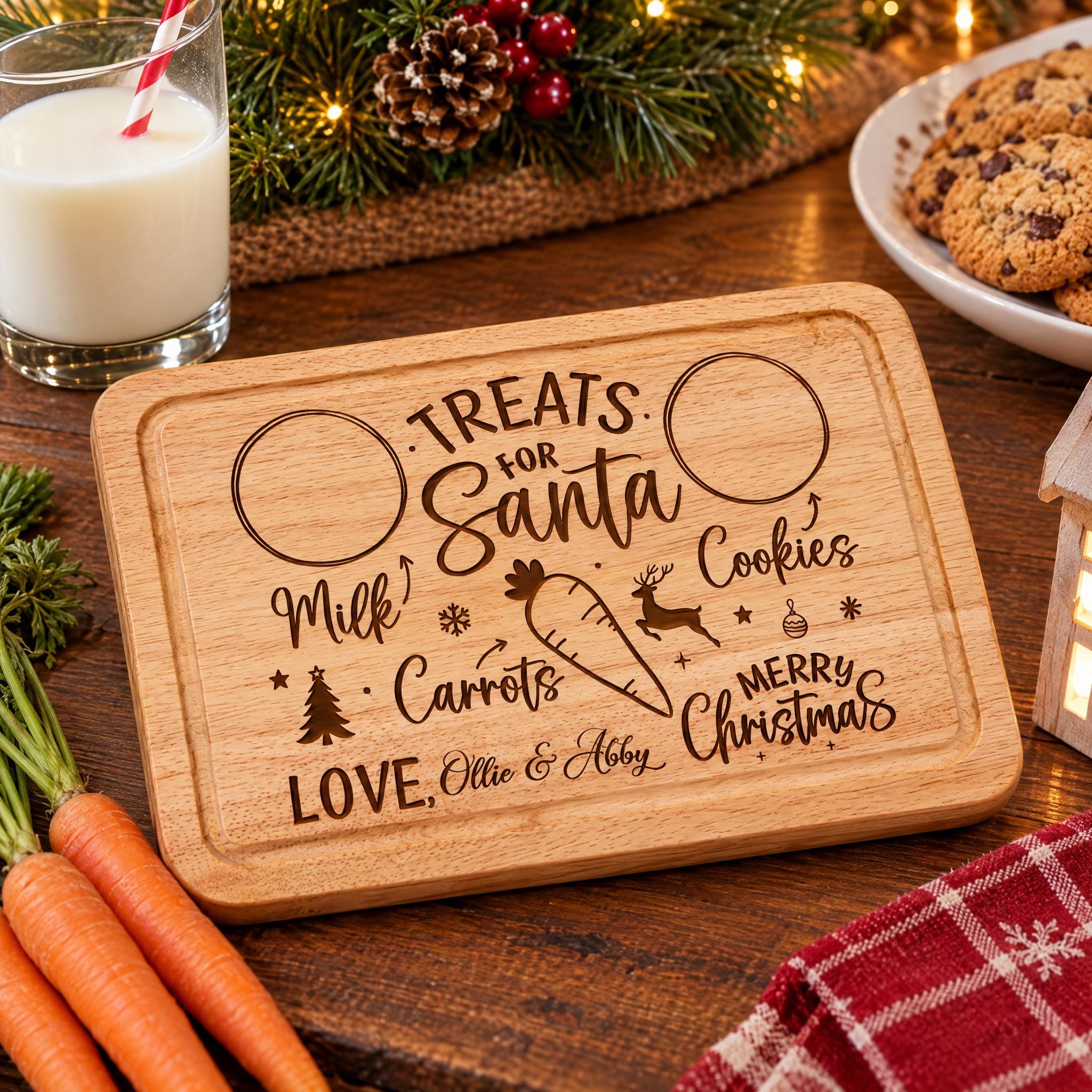 A wooden treat board with a personalized message, surrounded by holiday decorations and food items such as cookies and carrots.