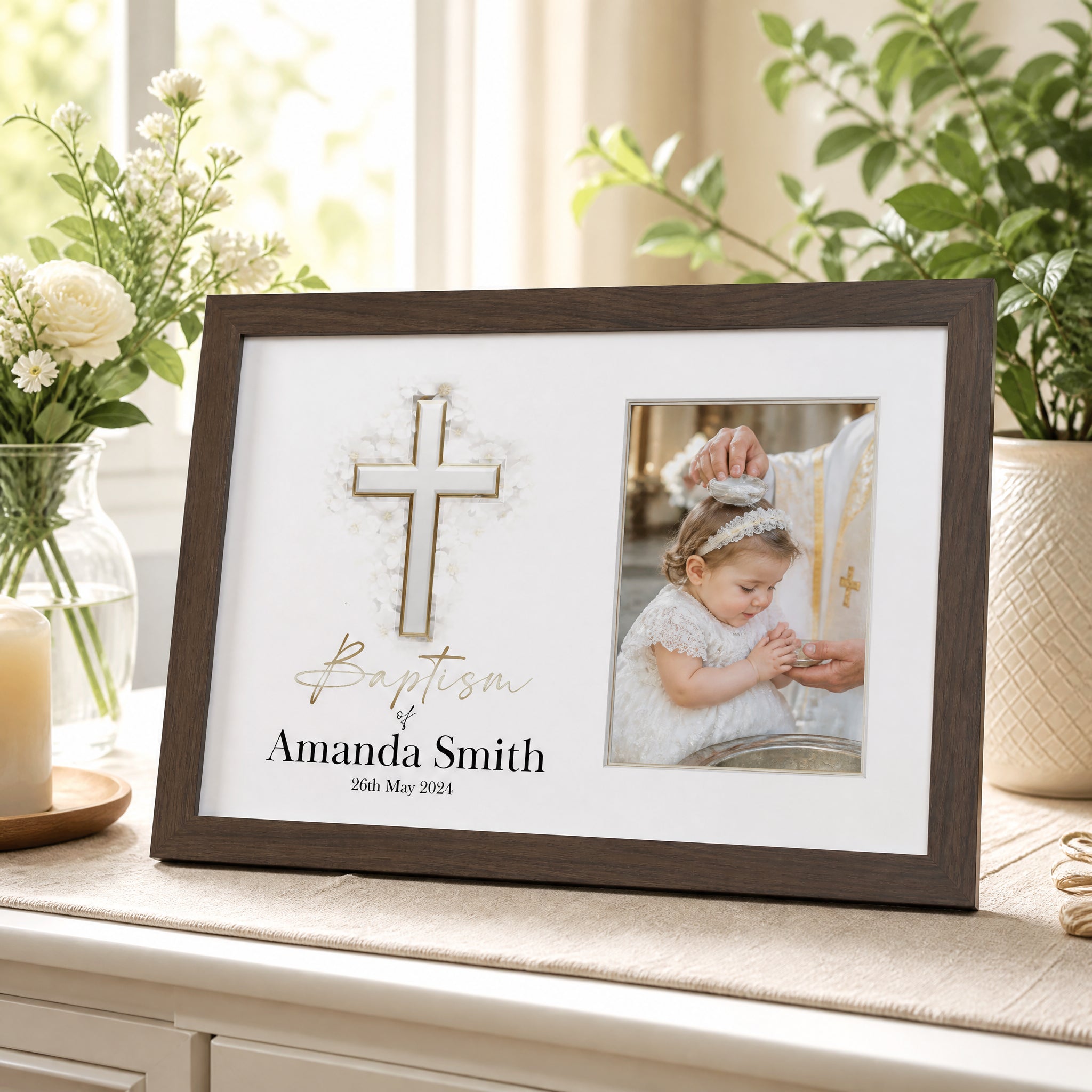Personalised Baptism Photo Frame, Silver Cross, 6x4 Wooden Keepsake personalised photo frames ukgiftstoreonline