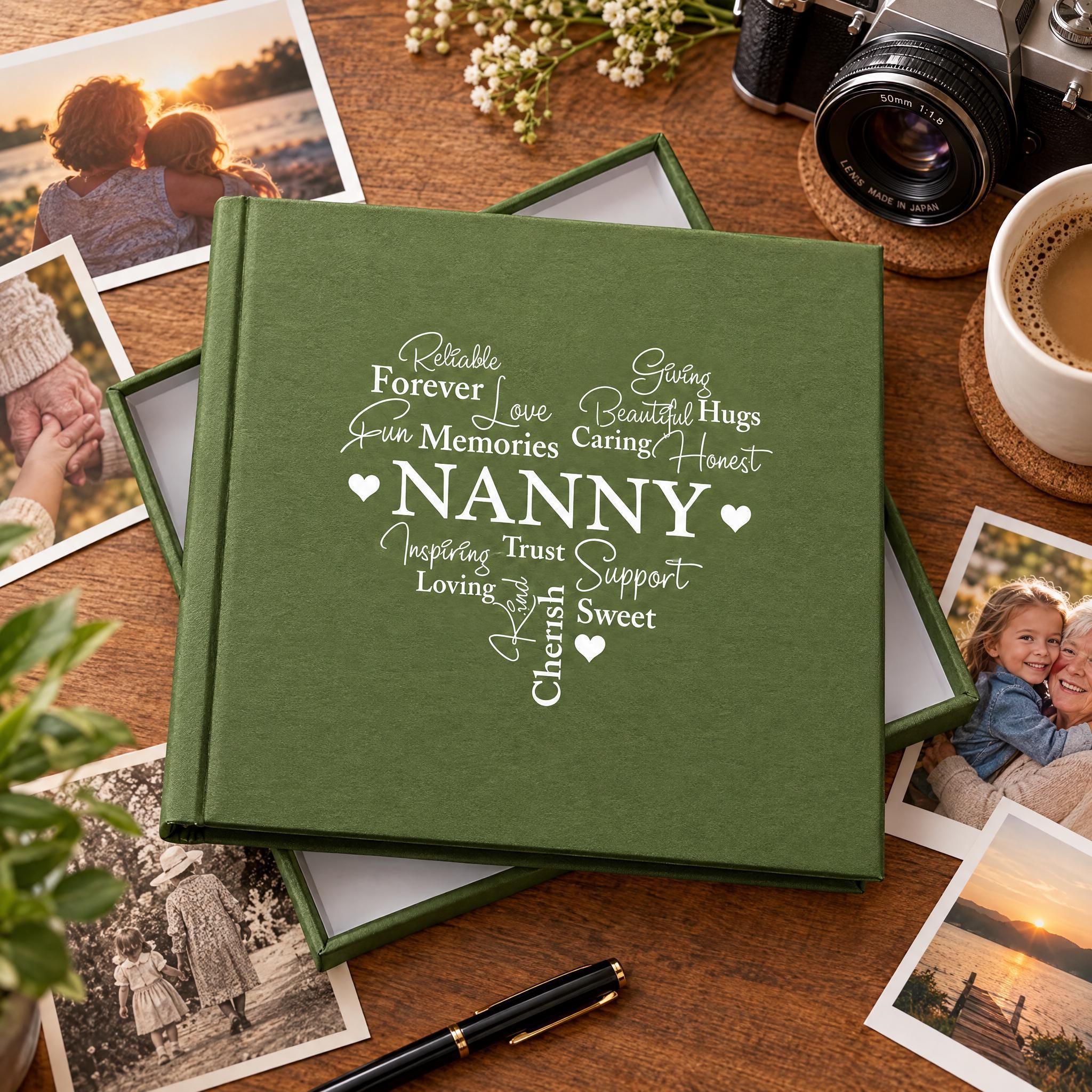 A green photo album with the word "NANNY" printed on it, surrounded by various photographs and a camera on a wooden surface.