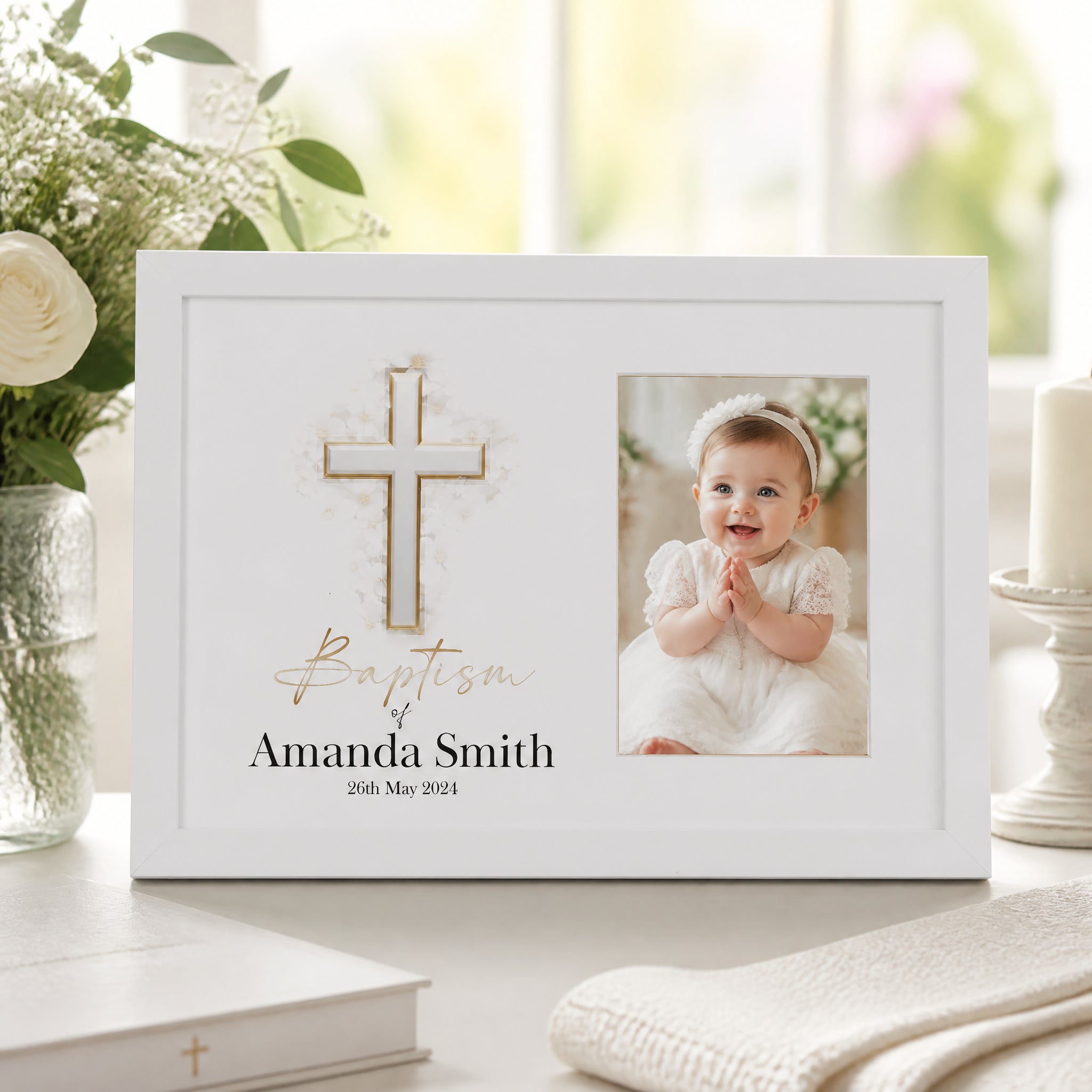 Personalised Baptism Photo Frame, Silver Cross, 6x4 Wooden Keepsake personalised photo frames ukgiftstoreonline White