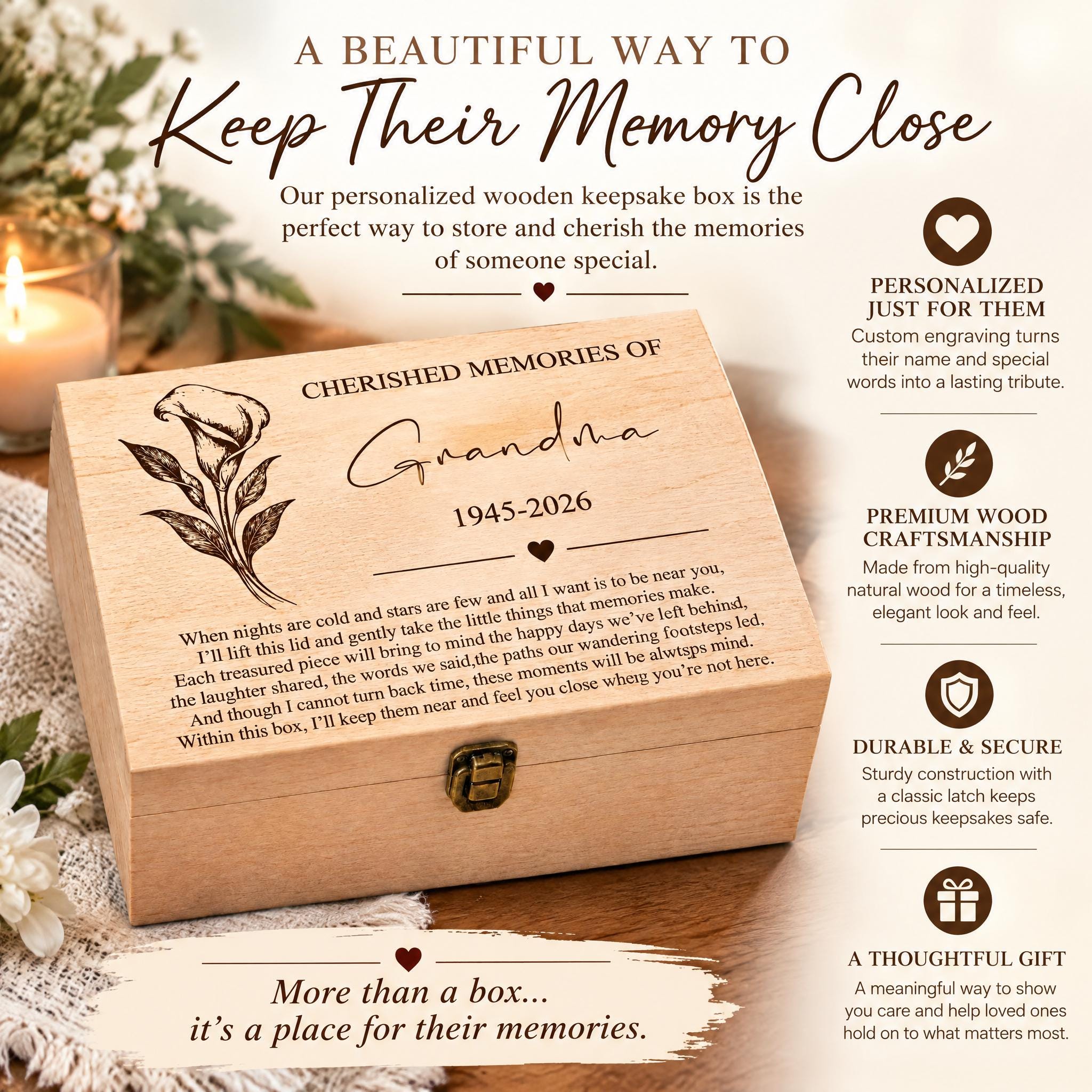 The image is an advertisement for a personalized wooden keepsake box, featuring a wooden box with a rose design and a heartfelt message.