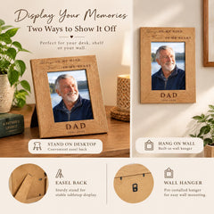The image is an advertisement for a wooden picture frame that displays memories of a father. It features a father and son photo, along with information about the frame's features and how to use it.