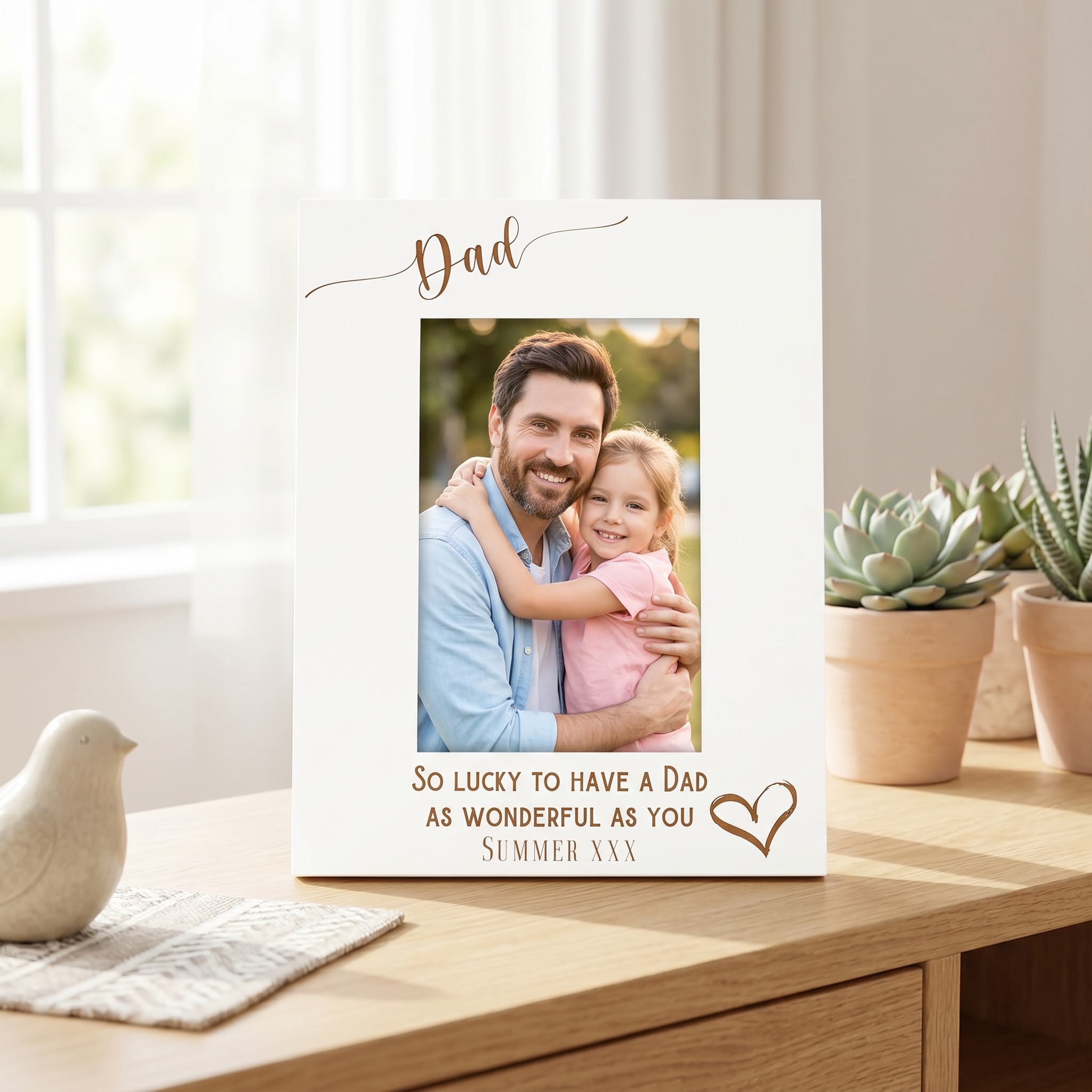 Personalised Dad Love Heart White Wooden Engraved Portrait Photo Frame Photo Frame ukgiftstoreonline