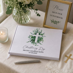 Personalised Christening Guest Book Eucalyptus and Cross Guest Book ukgiftstoreonline