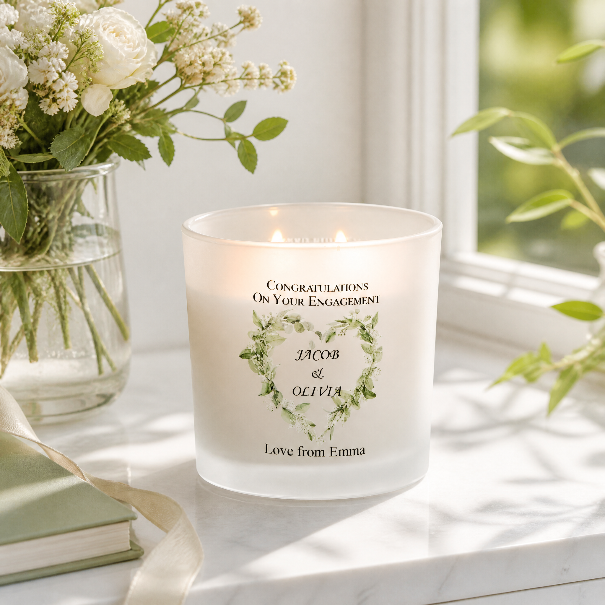 Personalised Large Double Wick Engagement Candle Gift With Floral Heart Wreath personalised Candle Lights ukgiftstoreonline