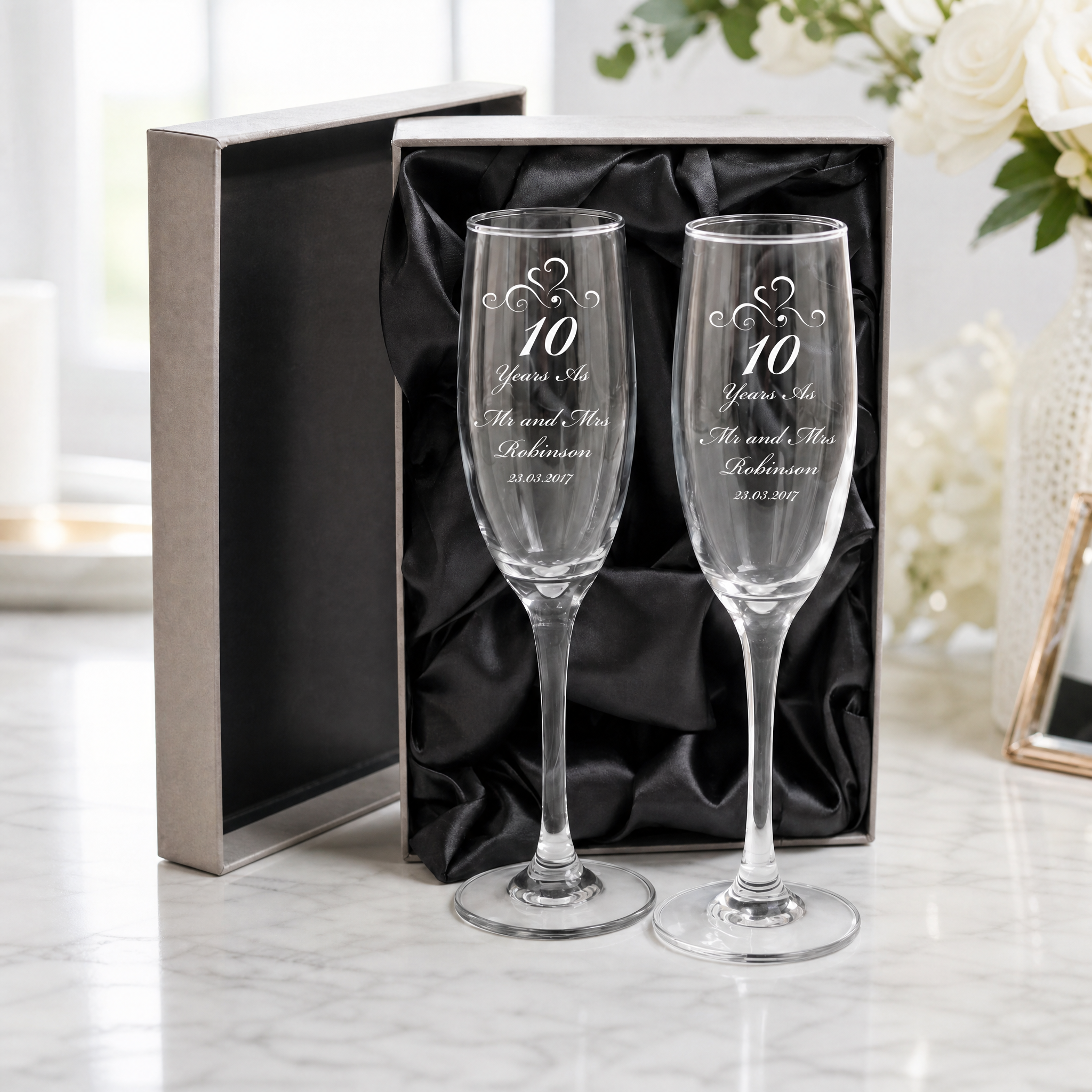 10th Anniversary Gift Personalised Engraved Champagne Flutes x 2 Personalised Champagne Glasses ukgiftstoreonline